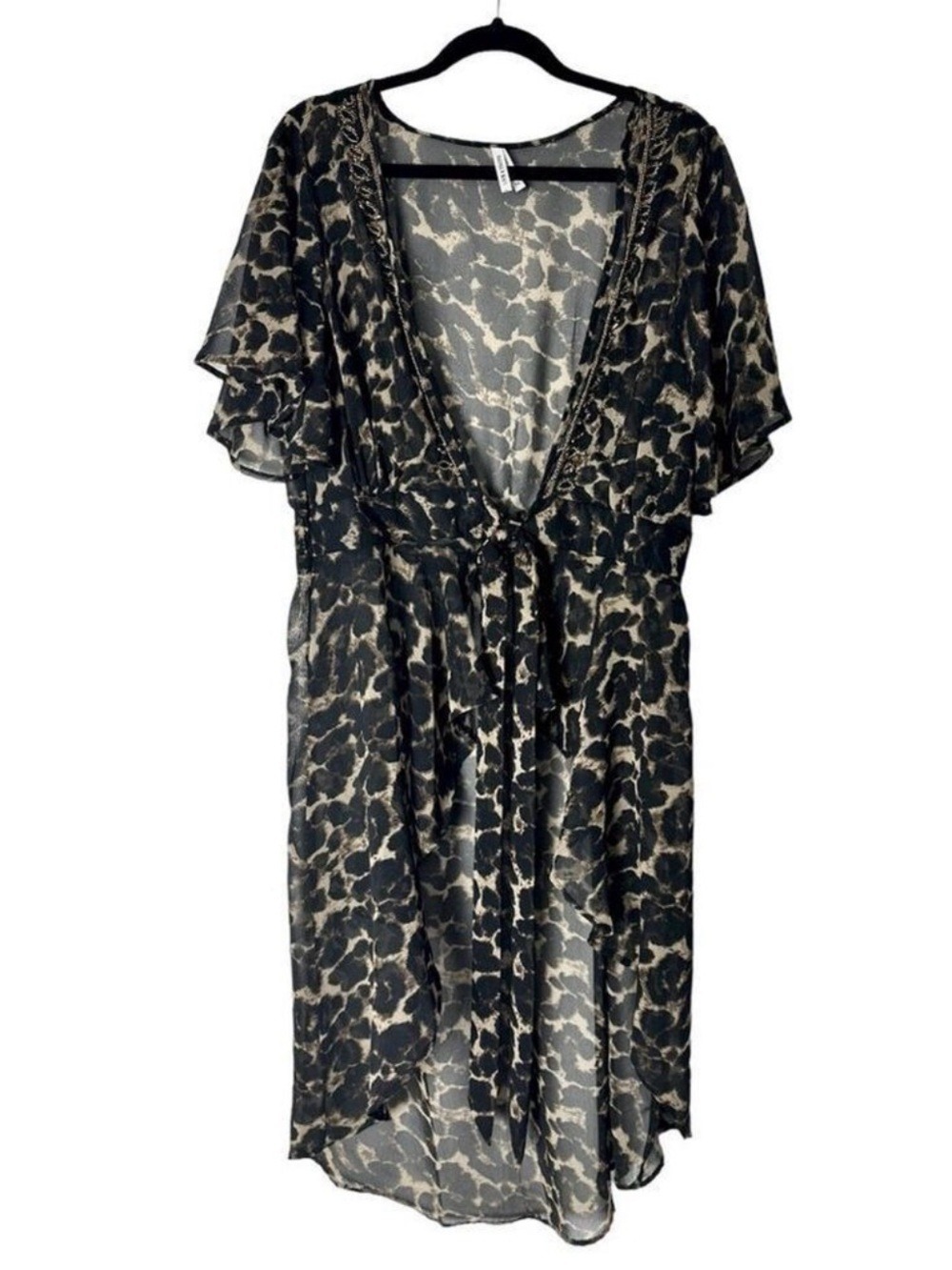 Live 4 Truth Sheer Animal Print Beaded Hi Low Duster Kimono Cover Up 1X Boho